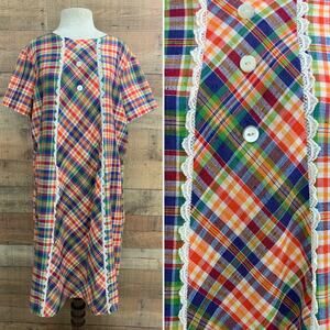 Vintage 1960s Mod Bright Plaid Woven Cotton House Dress 48” Bust /48” Waist